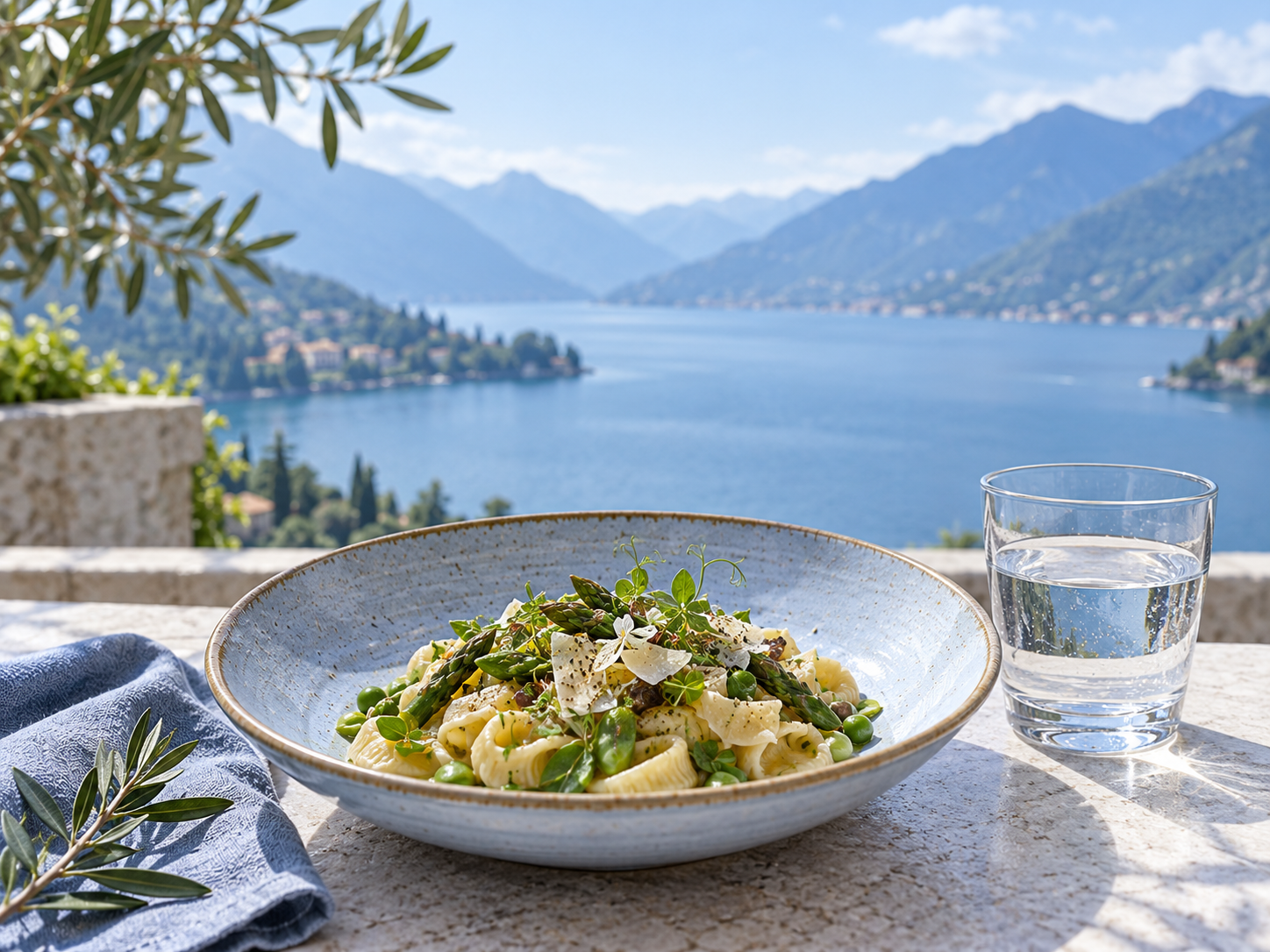 Pasta and water on a terrace overlooking a blue mountain lake